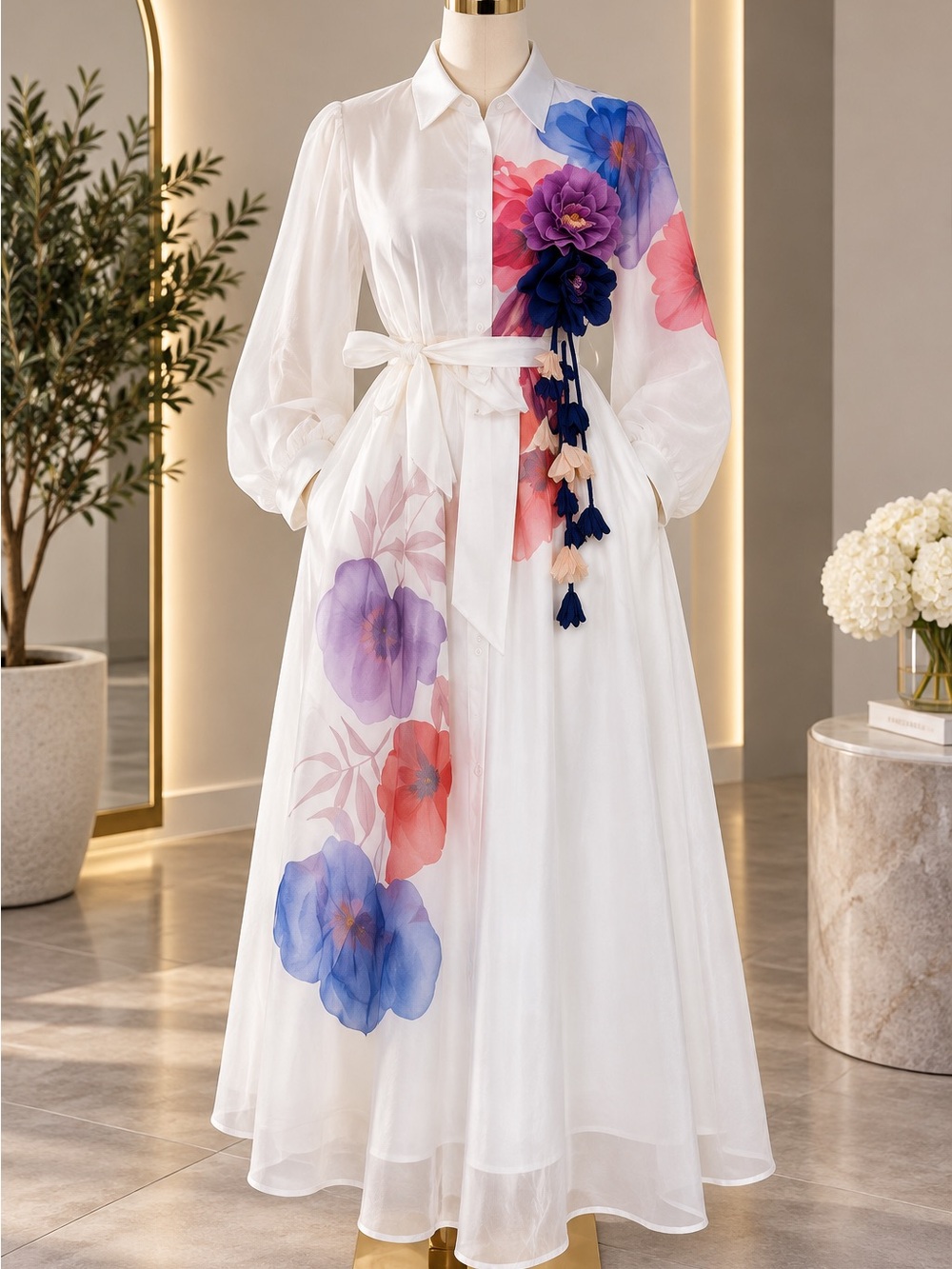 White Maxi Shirt Dress with Multicolor Floral Print